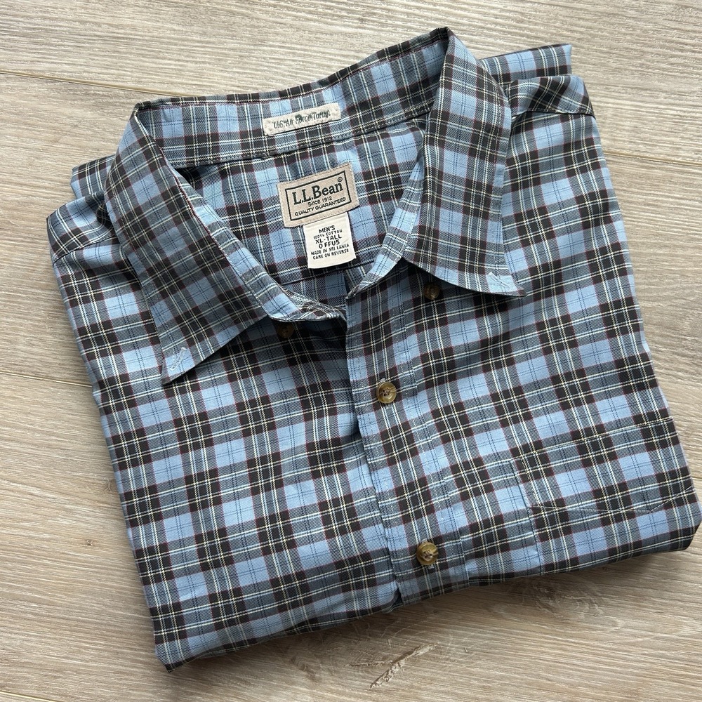 LL Bean Shirt Mens XL-T Blue US Air Force Tartan‎ Plaid Preppy Organic Casual